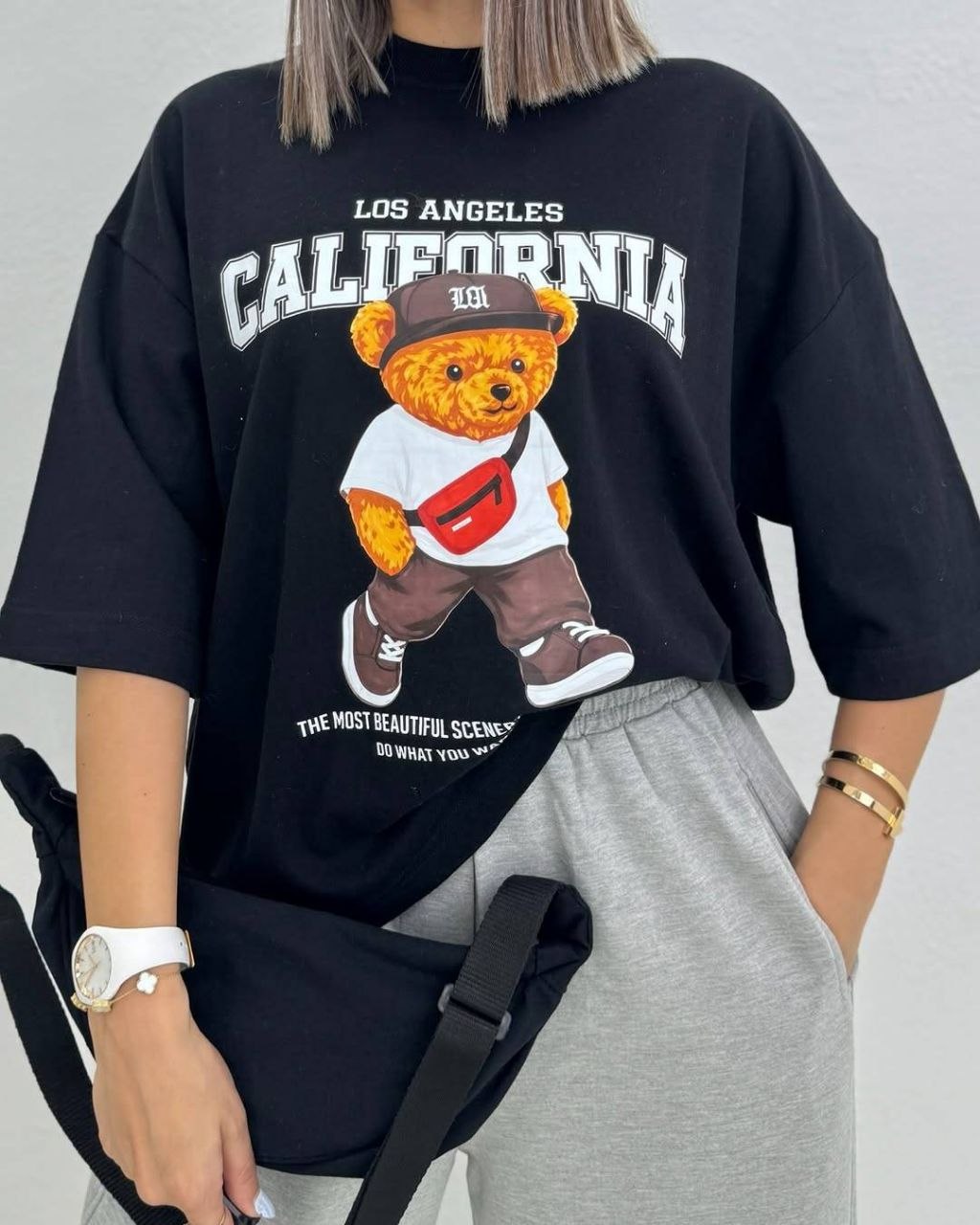 تیشرت باکسی زنانه چاپی طرح تدی جنس نخ پنبه خنک تابستانی California