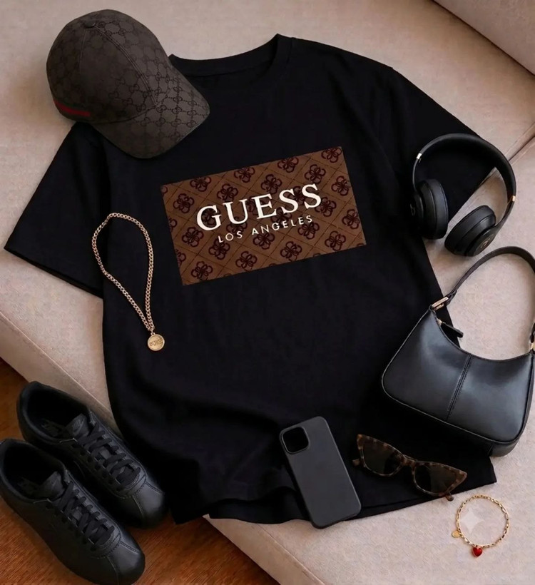 تیشرت باکسی زنانه چاپی طرح GUESS جنس نخ پنبه خنک تابستانی