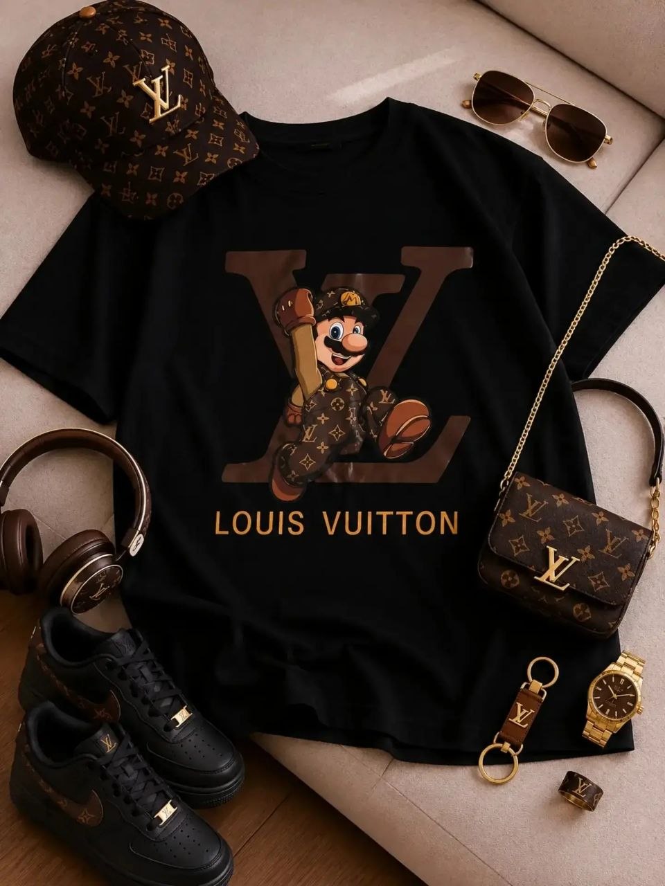 تیشرت باکسی زنانه چاپی طرح LV لوئی ویتون و سوپر ماریو جنس نخ پنبه خنک تابستانی