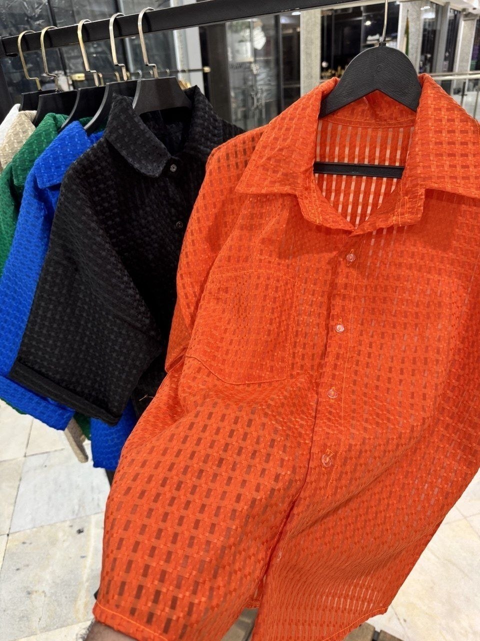 شومیز باکسی حصیری زنانه/مردانه از جنس حسیری شیشه ای کد 80352 (بدن نما)