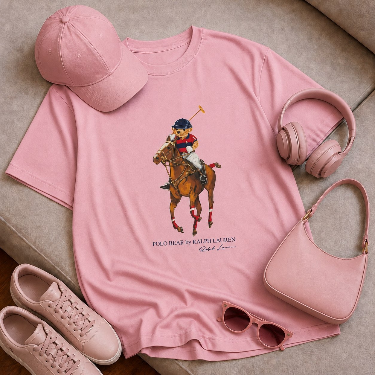 تیشرت باکسی با چاپ Polo bear جنس نخ پنبه خنک تابستانی آستین سه ربع مناسب زنانه، مردانه