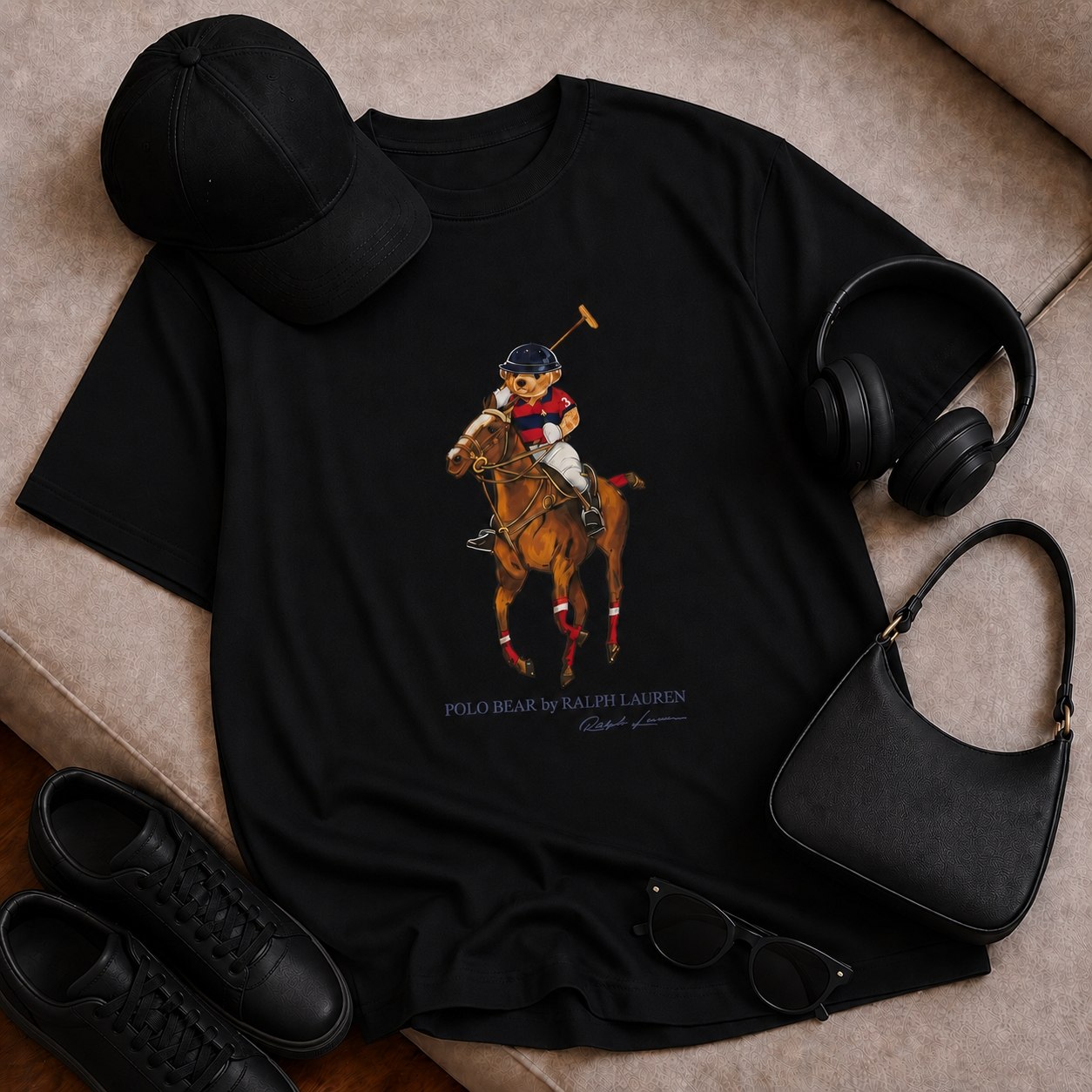 تیشرت باکسی با چاپ Polo bear جنس نخ پنبه خنک تابستانی آستین سه ربع مناسب زنانه، مردانه