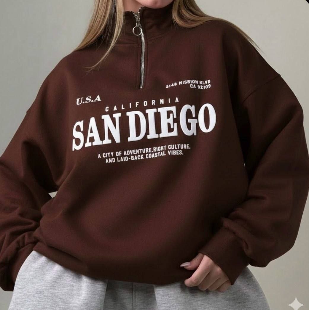 دورس نیمزیپ اسپرت با چاپ San Diego و جنس دورس داخل کرکی با یقه زیپدار