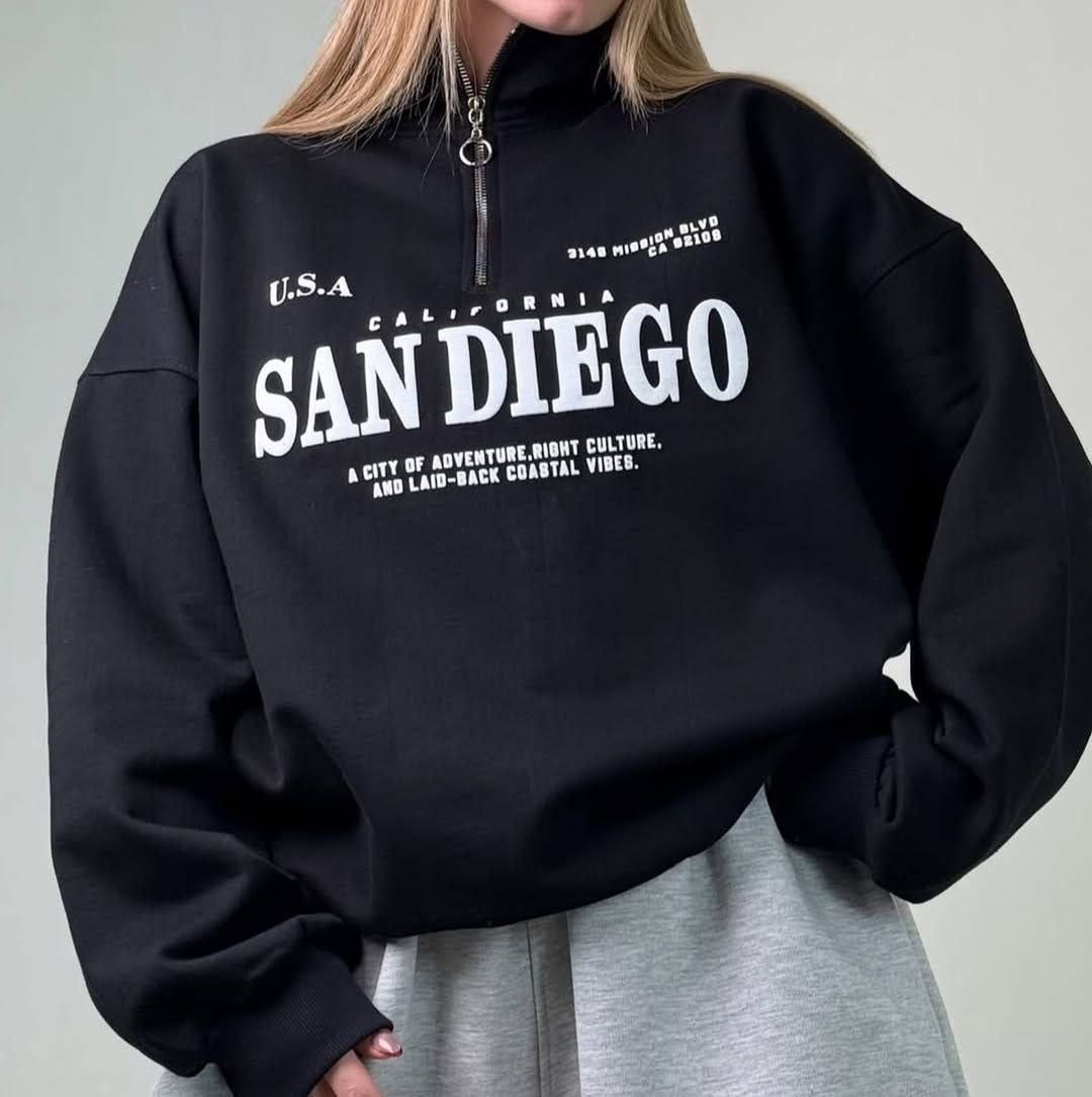 دورس نیمزیپ اسپرت با چاپ San Diego و جنس دورس داخل کرکی با یقه زیپدار